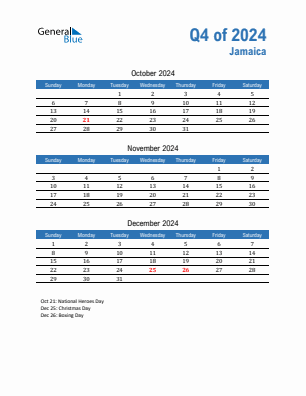 Jamaica Quarter 4  2024 calendar template