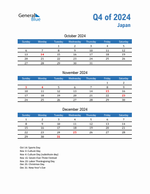 Japan Quarter 4  2024 calendar template