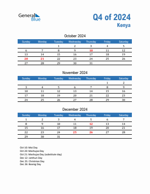 Kenya Quarter 4  2024 calendar template