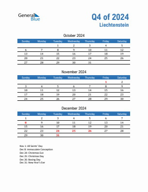 Liechtenstein Quarter 4  2024 calendar template