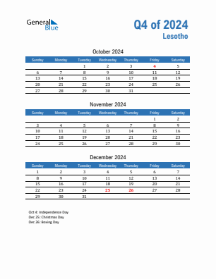 Lesotho Quarter 4  2024 calendar template