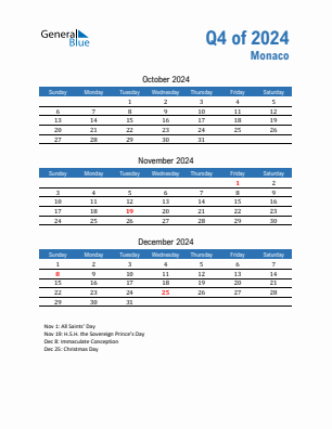 Monaco Quarter 4  2024 calendar template