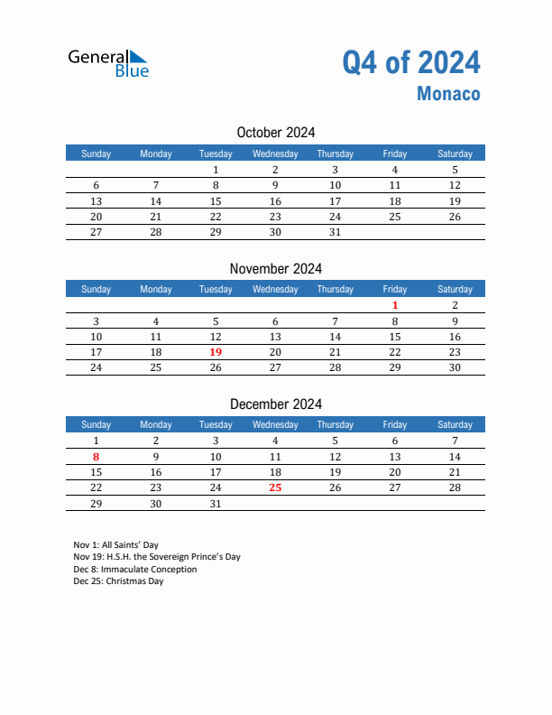 Q4 2024 Quarterly Calendar with Monaco Holidays
