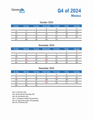 Mexico Quarter 4  2024 calendar template