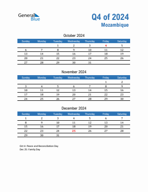 Mozambique Quarter 4  2024 calendar template