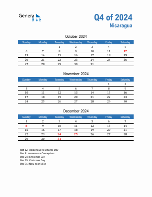 Nicaragua Quarter 4  2024 calendar template