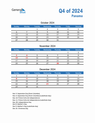 Panama Quarter 4  2024 calendar template