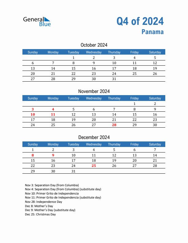 Panama 2024 Quarterly Calendar with Sunday Start