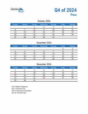 Peru Quarter 4  2024 calendar template