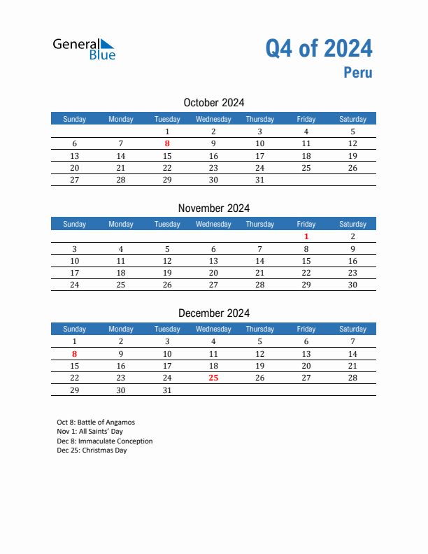 Peru 2024 Quarterly Calendar with Sunday Start