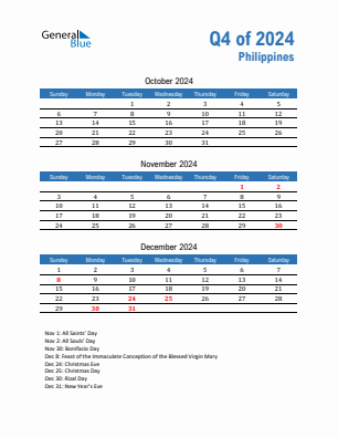 Philippines Quarter 4  2024 calendar template