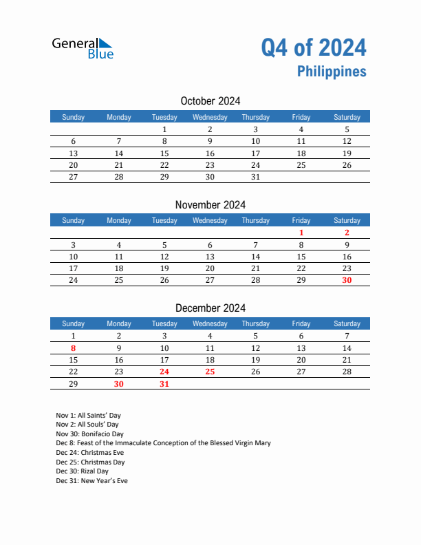 Q4 2024 Quarterly Calendar with Philippines Holidays (PDF, Excel, Word)