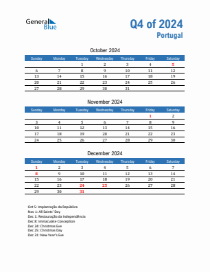 Portugal Quarter 4  2024 calendar template