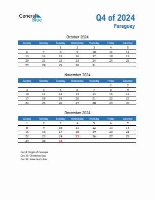 Paraguay Quarter 4  2024 calendar template