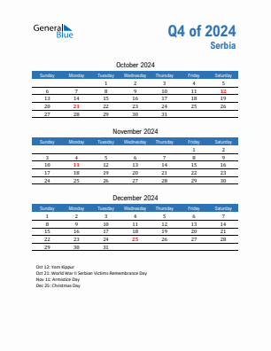 Serbia Quarter 4  2024 calendar template