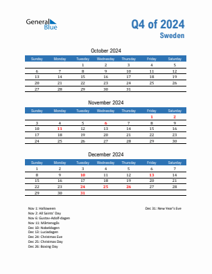 Sweden Quarter 4  2024 calendar template