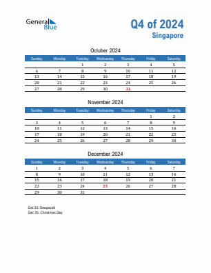 Singapore Quarter 4  2024 calendar template