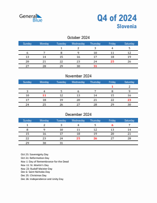 Slovenia Quarter 4  2024 calendar template