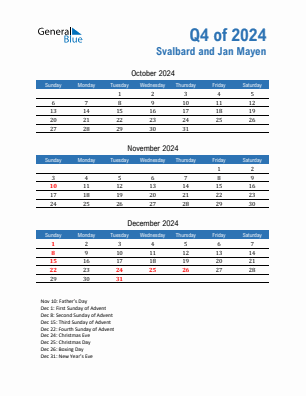 Svalbard and Jan Mayen Quarter 4  2024 calendar template