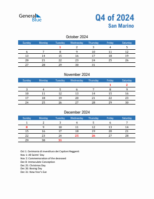 San Marino Quarter 4  2024 calendar template