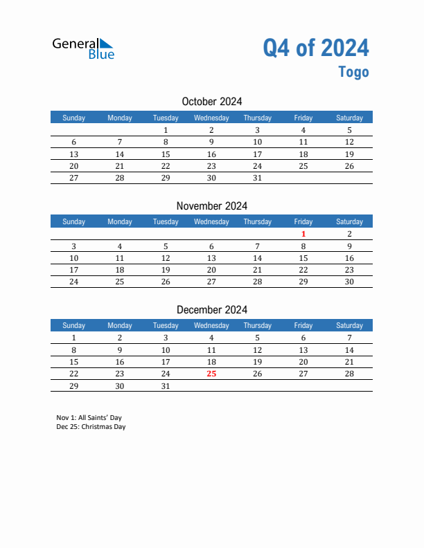 Togo 2024 Quarterly Calendar with Sunday Start