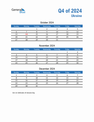 Ukraine Quarter 4  2024 calendar template