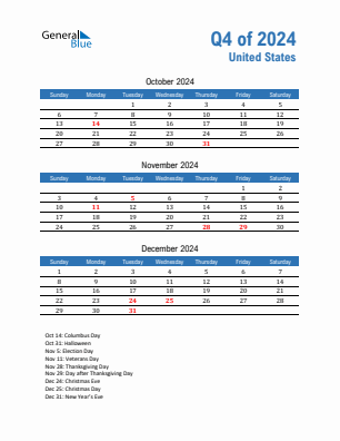 United States Quarter 4  2024 calendar template