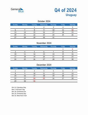 Uruguay Quarter 4  2024 calendar template