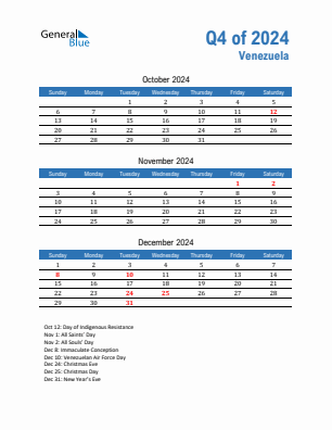 Venezuela Quarter 4  2024 calendar template