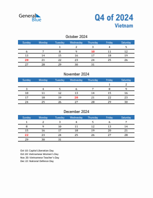 Vietnam Quarter 4  2024 calendar template