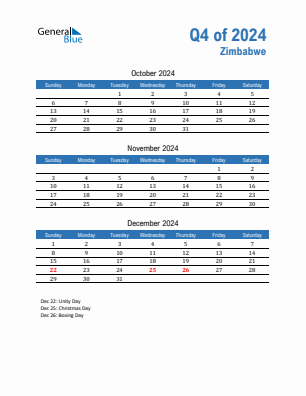 Zimbabwe Quarter 4  2024 calendar template