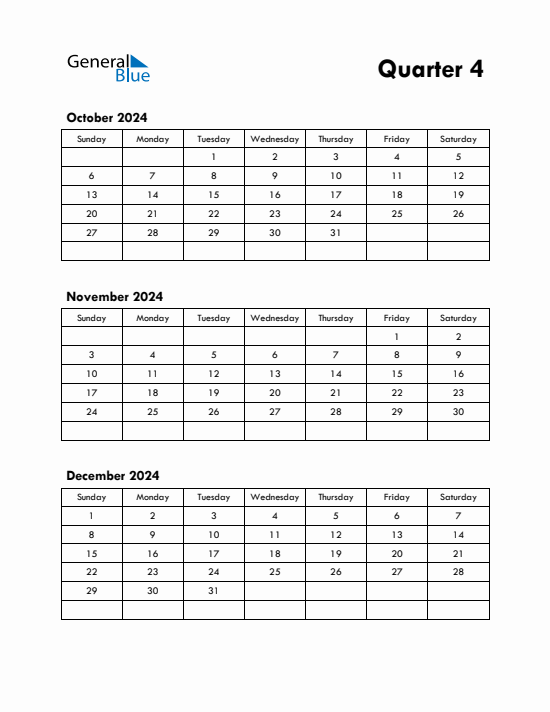 Quarter 4 2024 calendar template