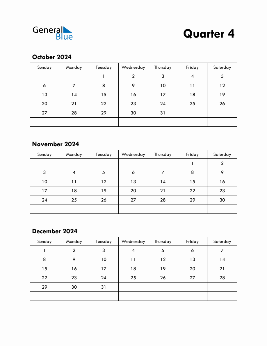 Quarter 4 2024 Calendar with Sunday Start