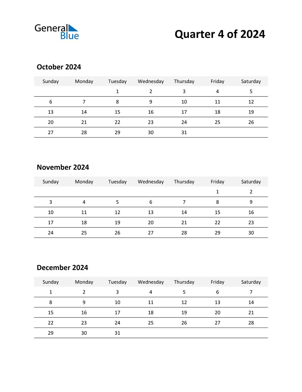 Q4 2024 Quarterly Calendar PDF Word Excel 