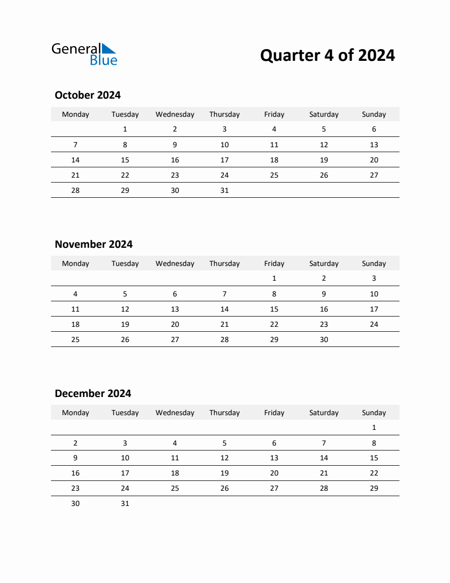 2024 Q4 ThreeMonth Calendar (October, November, and December)