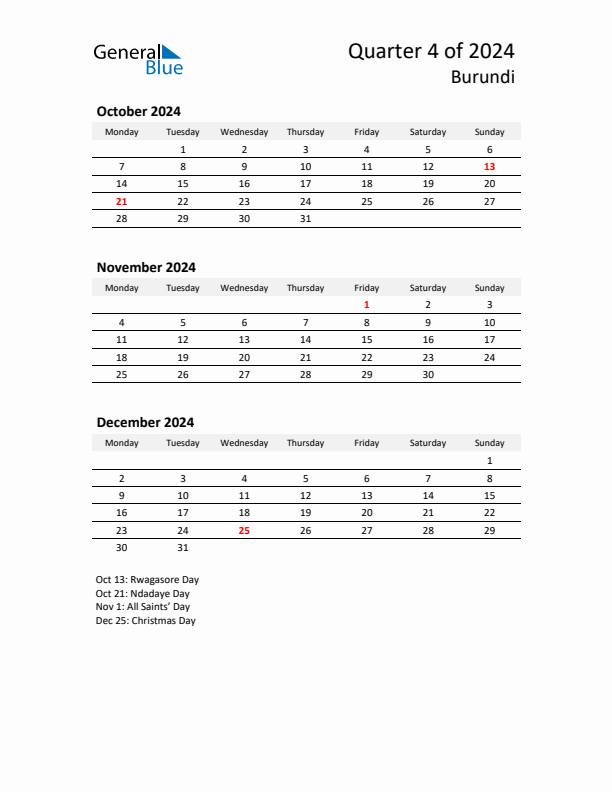 2024 Three-Month Calendar for Burundi