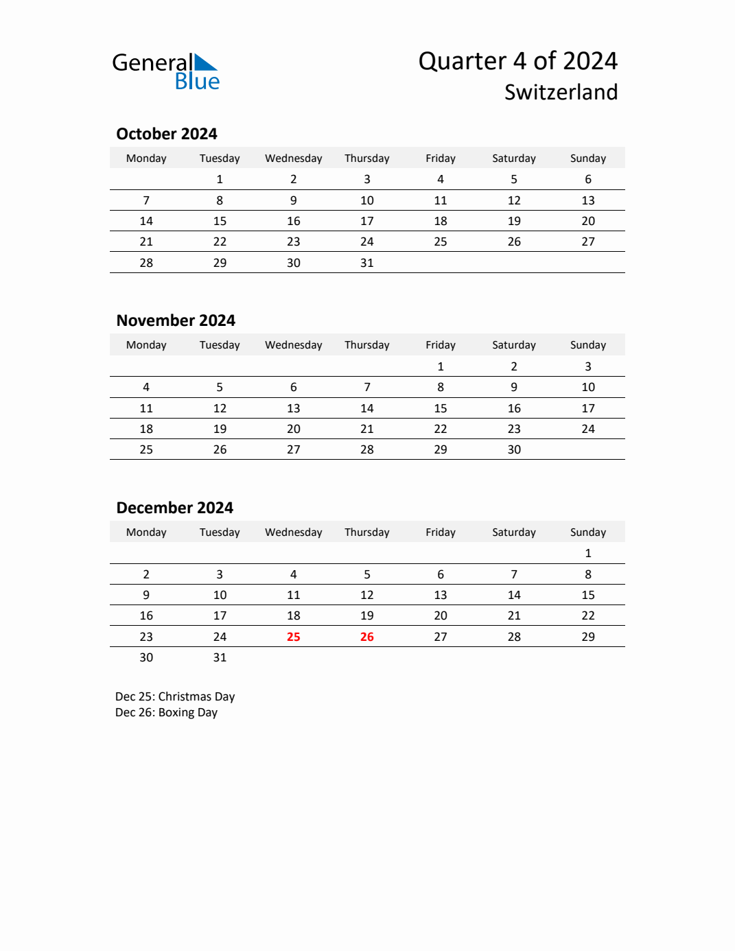 Q4 2024 Monday Start Quarterly Calendar with Switzerland Holidays