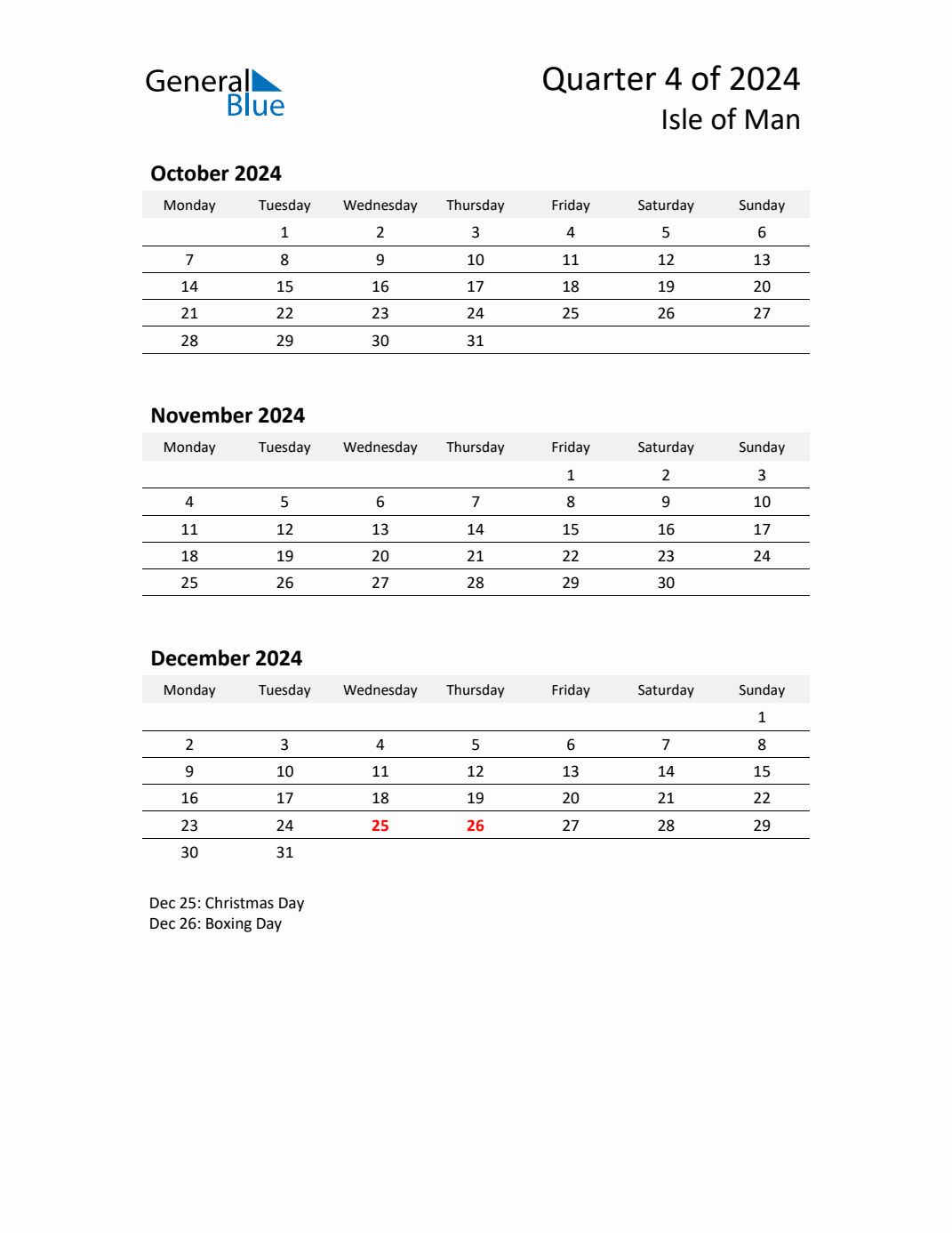 Q4 2024 Monday Start Quarterly Calendar with Isle of Man Holidays