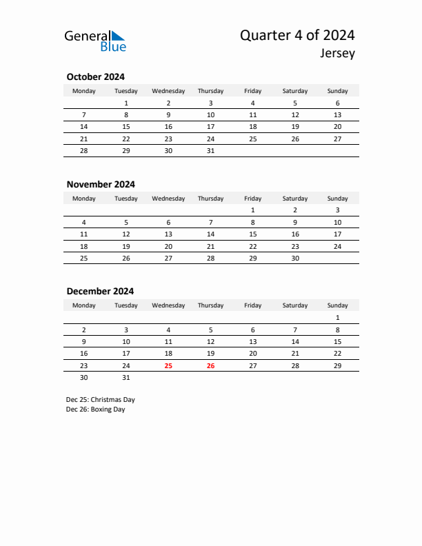 2024 Three-Month Calendar for Jersey