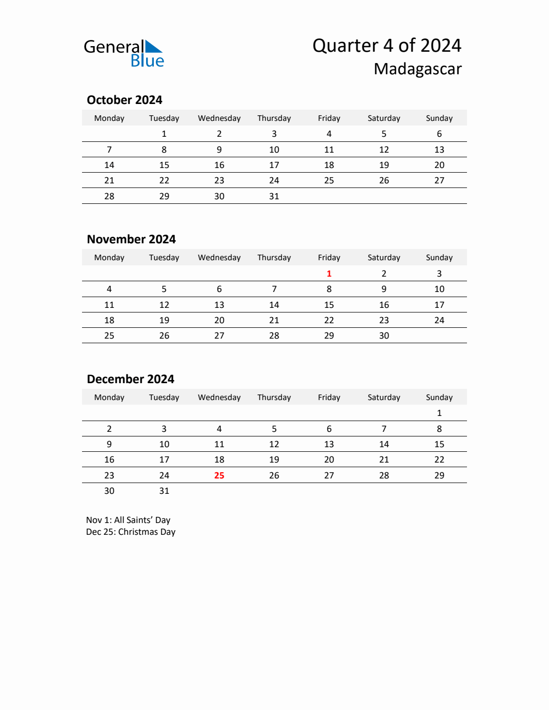 Threemonth calendar for Madagascar Q4 of 2024