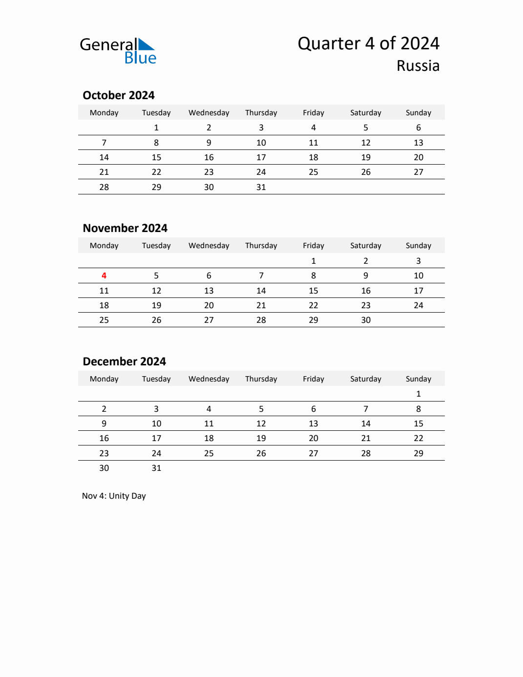 Q4 2024 Monday Start Quarterly Calendar with Russia Holidays