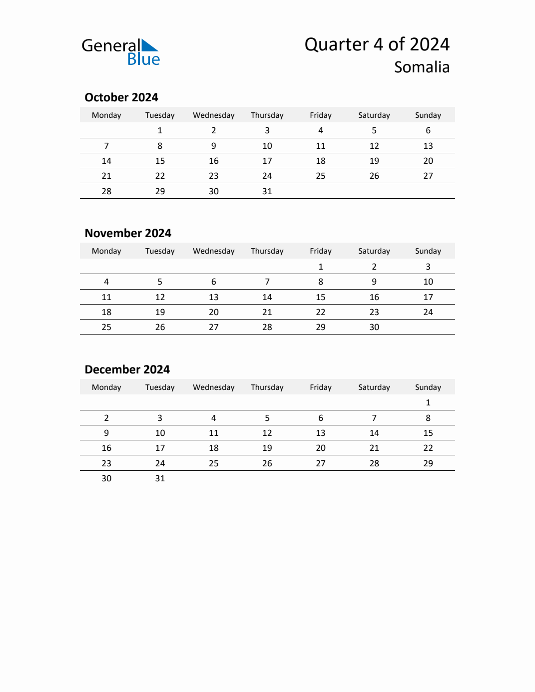 Q4 2024 Monday Start Quarterly Calendar with Somalia Holidays