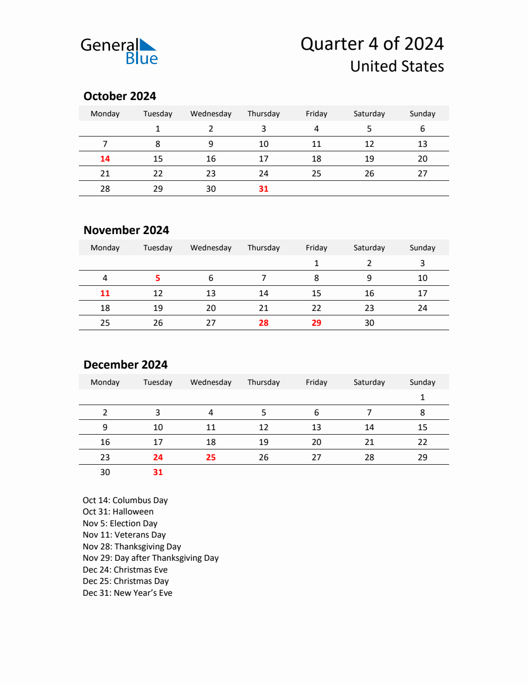 Threemonth calendar for United States Q4 of 2024