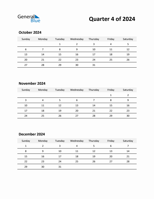 2024 Three-Month Calendar (Quarter 4)
