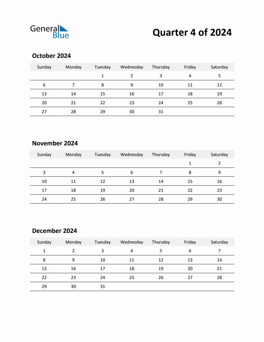 2024 Q4 ThreeMonth Calendar (October, November, and December)