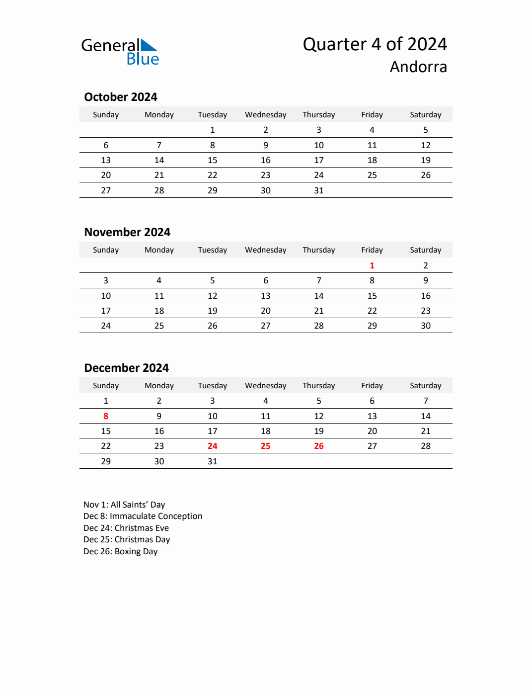 Q4 2024 Quarterly Calendar with Andorra Holidays