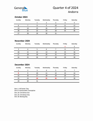 Andorra Quarter 4  2024 calendar template