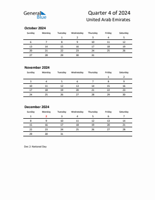 United Arab Emirates Quarter 4  2024 calendar template