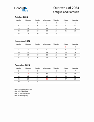 Antigua and Barbuda Quarter 4  2024 calendar template