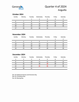 Anguilla Quarter 4  2024 calendar template